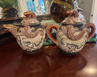 Vintage Japan Moriage Dragonware Teapot and Covered Sugar Bowl Set Gold Dragon Head Spout Hand Painted