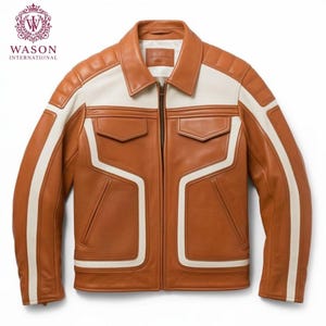 Custom Rust Brown Leather Jacket with White Stripes and Quilted Shoulders