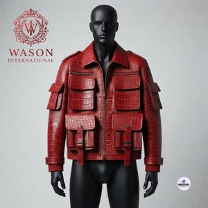 Rote Utility-Jacke aus Krokodilleder, luxuriöse Statement-Streetwear, Designer-Bomberjacke für Herren