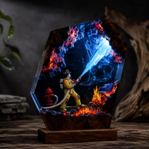 Op de afbeelding: Een decoratieve lamp van hars en hout met een brandweerman in gele uitrusting die een straal blauw licht spuit. De scène bevat een rode brandkraan, gloeiende oranje sintels en donkere houten randen op een rechthoekige houten voet.