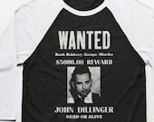 John Dillinger Wanted Poster 3 4 Sleeve Baseball T Shirt - Vintage Cotton Poly Blend Apparel For Men Women