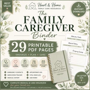 May include: A digital printable family caregiver binder with 29 PDF pages, including medical history, medication tracker, and emergency contact forms. The set features a sage green spiral-bound notebook and US letter size 8.5" x 11" documents.