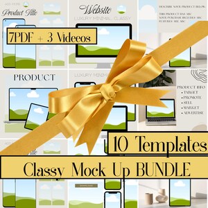 May include: A digital marketing bundle featuring 10 templates, 7 PDFs, and 3 videos, displayed as a grid of device mockups showing green landscapes. A large, shiny gold ribbon is tied diagonally across the center of the image.