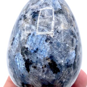 May include: A polished, egg-shaped stone featuring a complex pattern of iridescent blue, grey, and white crystalline structures with dark black mineral inclusions throughout the surface, displaying a smooth, reflective, and glossy finish.