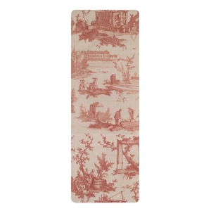 May include: A rectangular piece of fabric featuring a repeating toile pattern in a muted red ink on a light beige background. The design depicts various outdoor scenes with figures, trees, buildings, and structures in a detailed, monochromatic style.