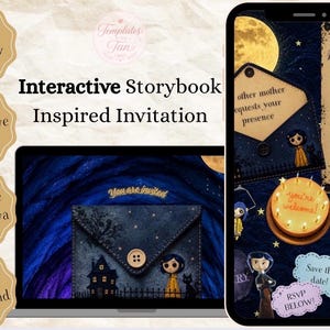 May include: An interactive storybook-inspired digital invitation template displayed on a laptop and smartphone screen. The design features a dark blue starry night background, a house silhouette, a button-closed envelope, and a birthday cake.