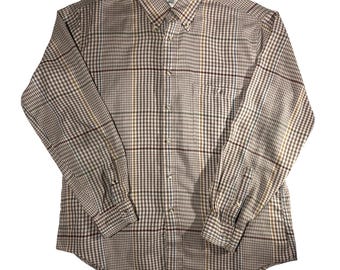 Alan Flusser Vintage Glen Plaid Button Down Shirt Retro Tan Brown Blue Heren L