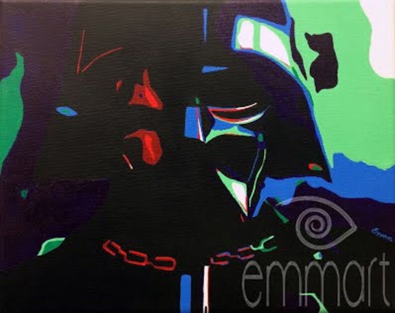 Puede incluir: Una pintura abstracta en blanco y negro del casco de Darth Vader con salpicaduras de pintura roja, azul y verde.