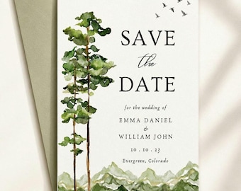 Evergreen Mountain Wedding Announcement, Forest Save Our Date, Editable Canva Card