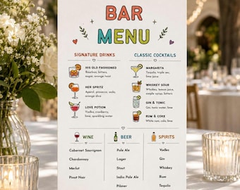 Modern Boho Signature Drinks Sign, Wedding Cocktail Menu, Editable Canva Bar Template