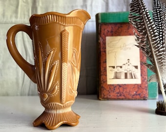 Antique Caramel Slag Glass Pitcher, Cactus Agave Pattern Pitcher, Chocolate Glass, Indiana Glass, Small Pitcher, Vintage Pressed Glass