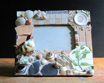 Vintage Mosaic Picture Frame: Bird & Shell Art, Upcycled Decor