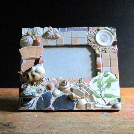 Vintage Mosaic Picture Frame: Bird & Shell Art, Upcycled Decor