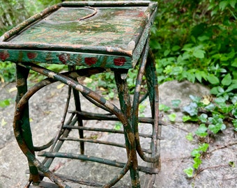 Painted Adirondack Twig Side Table, Rustic Folk Art Table, Cabin Decor, Small Camp End Table, Vintage Furniture, Primitive Handmade Table