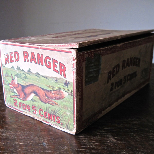 Reserved - Vintage Cigar Box, Red Ranger Box, Wooden Cigar Box, Antique Cigar, Running Fox, Antique Cigar Box, Advertising Store Display