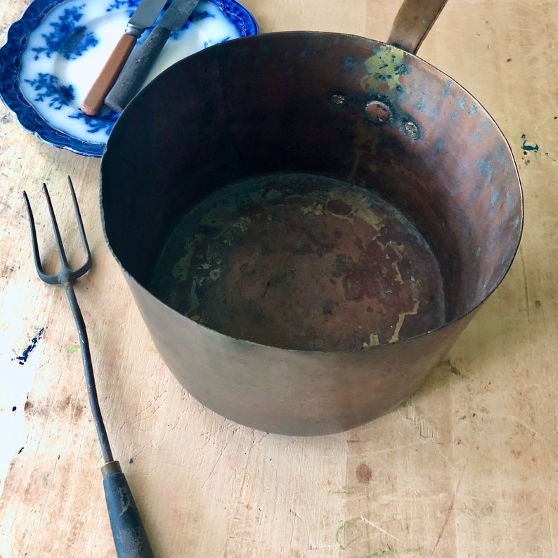 Early Copper Cooking Pot, Antique Dovetail Cooking Pot, Primitive Copper Pot, Rustic Copper Pan, Farmhouse Kitchen, Vintage Cabin Decor, image 2