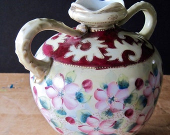 Antique Nippon Vase, Antique Nippon Urn, Footed Vase, Nippon China, Magenta Pink Floral Vase, Dogwood Design, Hand Painted Moriage