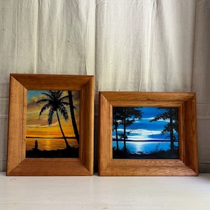 Pair of Vintage Sunset Paintings, Tropical Scene, Lake Scene, Framed Original Art, Colorful Art, Cabin Lodge Decor, Rustic Decor image 1