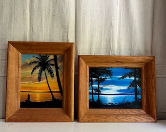 Pair of Vintage Sunset Paintings, Tropical Scene, Lake Scene, Framed Original Art, Colorful Art, Cabin Lodge Decor, Rustic Decor