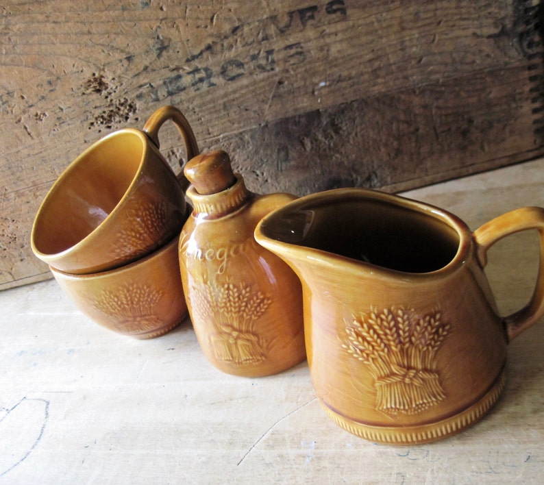 Vintage Franciscan, Wheat Pattern Pottery, Creamer Pitcher, Cups Vinegar Cruet, 1950's California Pottery, Franciscan Ware Summer Tan image 3