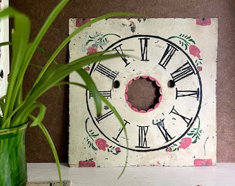 Old Hand Painted Clock Face, Vintage Tin Clock Face, Pink Floral Design,