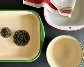 Vintage Porcelain Enamelware Kitchenware, Three Piece Enamelware Kitchen Prep Set, 1940s Kitchen, Vintage Green and Cream Graniteware