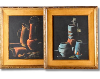 Mid Century Modern Danish Art, Cay-Skot Vessel Still Life Oil Paintings, Set of Two, !950s Art, Framed Art, Vintage Art