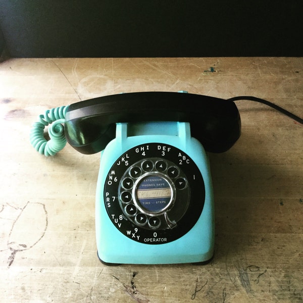 Retro Aqua and Black Telephone, Rotary Dial Desk Top Phone, Automatic Electric Monophone, Bakelite Mid Century Telephone, Office Phone