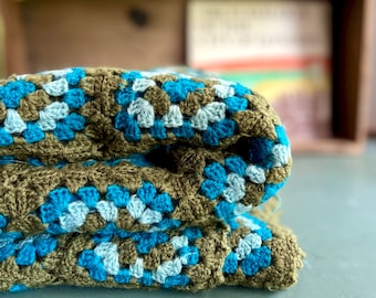 Vintage Granny Square Afghan Blanket, Crochet Teal and Avocado Afghan, Old Handmade Blanket, Mid Century Afghan, Vintage Textiles