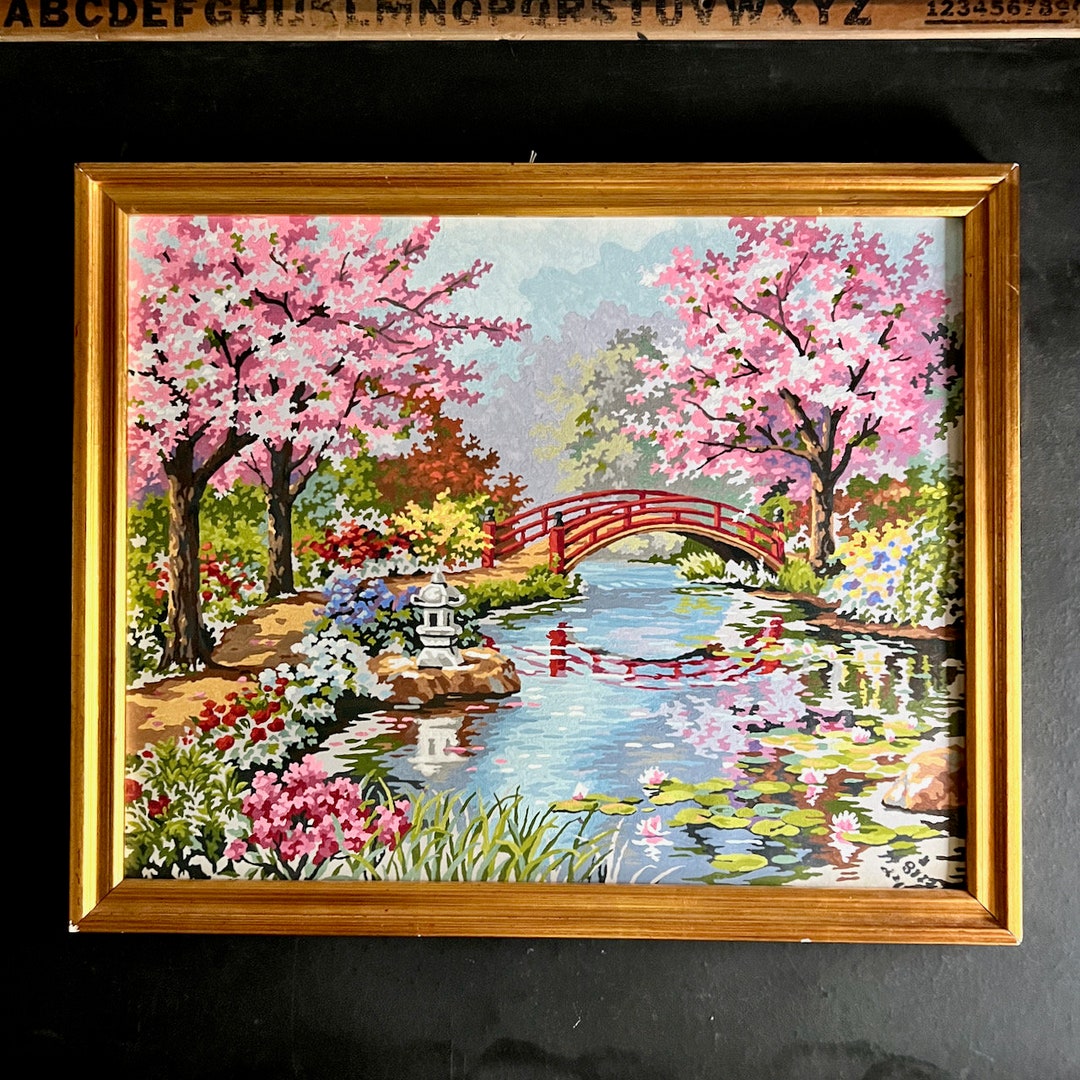 Japanese Garden Cherry Blossom Scene Paint by Number, Colorful PBN ...