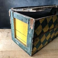 Antique Painted Wooden Box Folk Art Chest Teal and Yellow Old Wood Storage Chest Harlequin Motif Box Primitive Handmade Tool Box