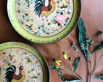 Vintage Paper Mache Rooster Plates, Hand Painted Rooster, ISCO Paper Mache Plates, Made in Japan, Vintage Japan, Whimsical Floral Plates