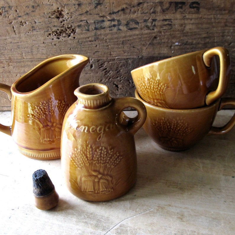 Vintage Franciscan, Wheat Pattern Pottery, Creamer Pitcher, Cups Vinegar Cruet, 1950's California Pottery, Franciscan Ware Summer Tan image 1