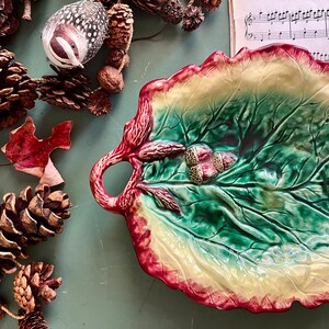 19th Century Majolica Leaf Dish with Acorns, Autumn Decor, Antique Majolica, English Pottery, Leaf Platter, Colorful Vintage Pottery image 2