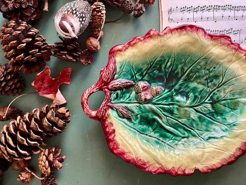 19th Century Majolica Leaf Dish with Acorns, Autumn Decor, Antique Majolica, English Pottery, Leaf Platter, Colorful Vintage Pottery image 2