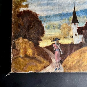 Rustic Old Landscape Painting with Church, Serene Countryside, Eclectic Decor, Original Art, Vintage Oil Painting, European Style Art afbeelding 3