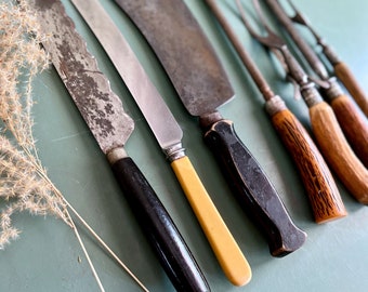 Vintage Rustic Kitchen Tools, Old Knife and Fork Collection, Meat Cleaver, Sharpening Steels, Serrated Knife, Meat Forks, Serrated Knife