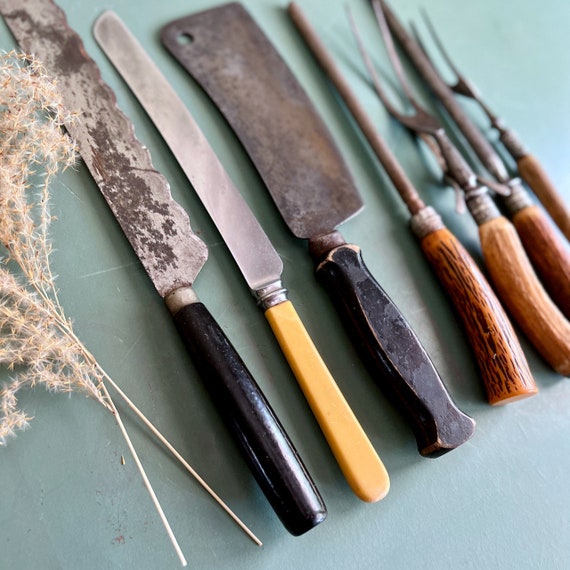 Vintage Rustic Kitchen Tools, Old Knife and Fork Collection, Meat Cleaver,  Sharpening Steels, Serrated Knife, Meat Forks, Serrated Knife 