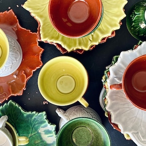 Steubenville Pottery Woodfield Snack Set, 1950s Pottery, Luncheon Set, Leaf Motif Dessert Plate and Cup, Colorful Mid Century Pottery