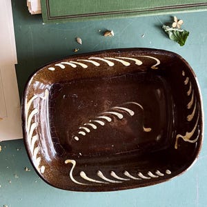 19th Century Redware Slip Glaze Decorated Baking Dish, Antique Redware, Early Redware Pottery