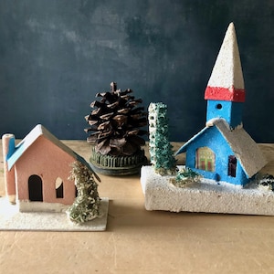 Vintage 1950s Putz Christmas Village: Mid-Century House & Church (Japan)