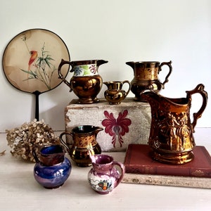 Antique English Copper Lustreware Pitcher Collection: 7-Piece Set