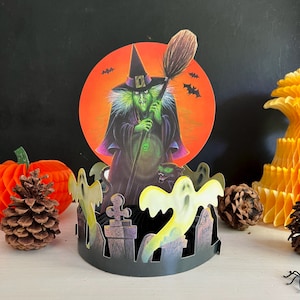 Vintage Halloween Witch Cut Out Honeycomb Party Decoration, 1980s Halloween Decor, Beistle Co. Decor, Halloween Ghosts, Tabletop Decor image 1