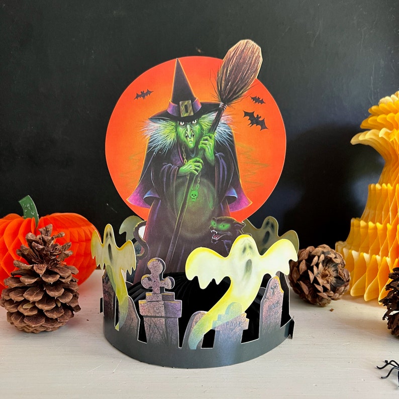 Vintage Halloween Witch Cut Out Honeycomb Party Decoration, 1980s Halloween Decor, Beistle Co. Decor, Halloween Ghosts, Tabletop Decor image 1