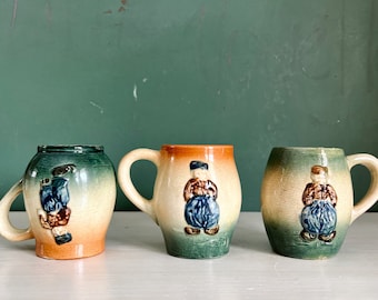 Antique Roseville Pottery Mugs, Vintage Holland Mugs, Dutch Mugs, Dutch Children, Vintage Roseville Mugs, Yellow Ware, Antique Pottery Cups