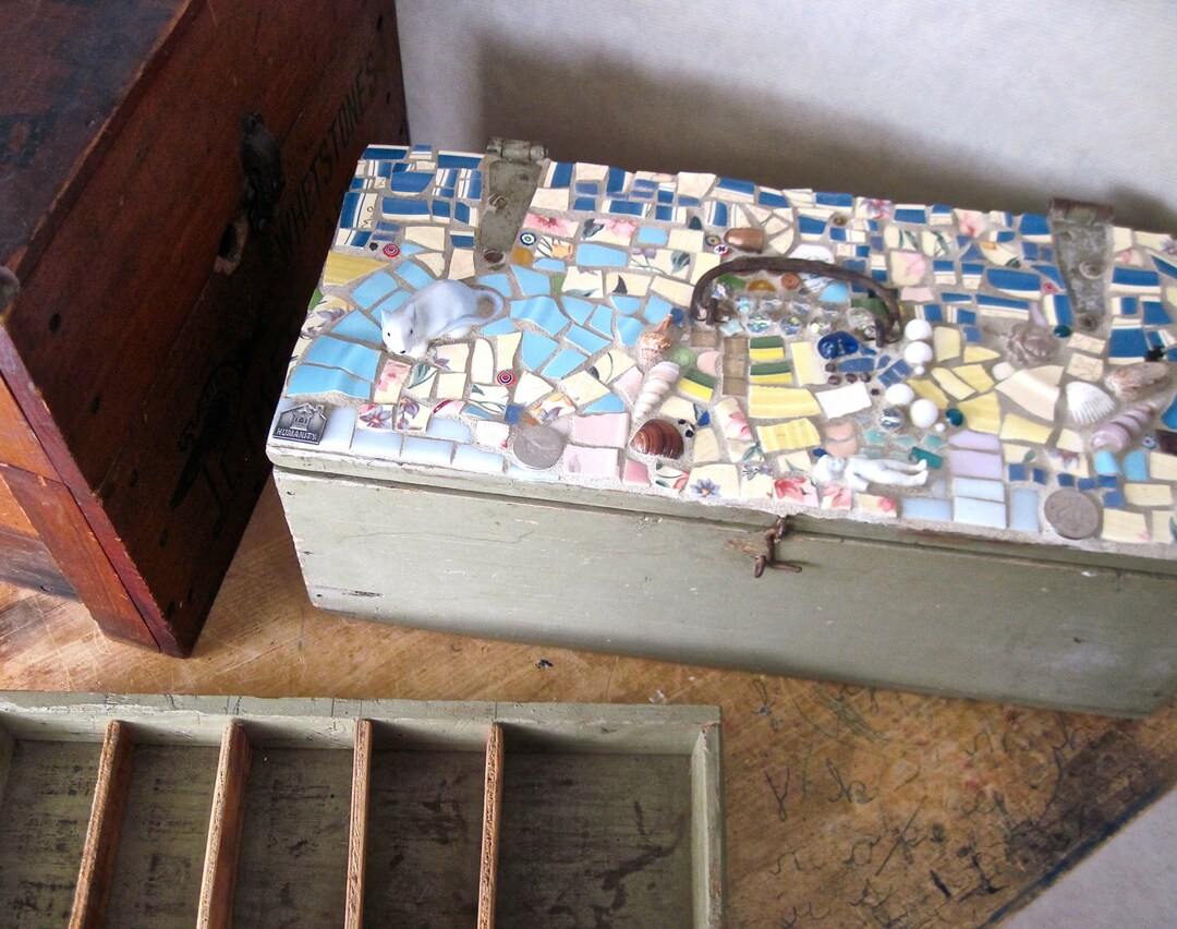 Mosaic Box, Broken China Mosaic, Antique Vintage Tool Box, Mosaic Art