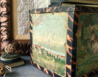 Antique Swiss Biscuit Tin: Oulevay Lithograph Advertising Storage Box