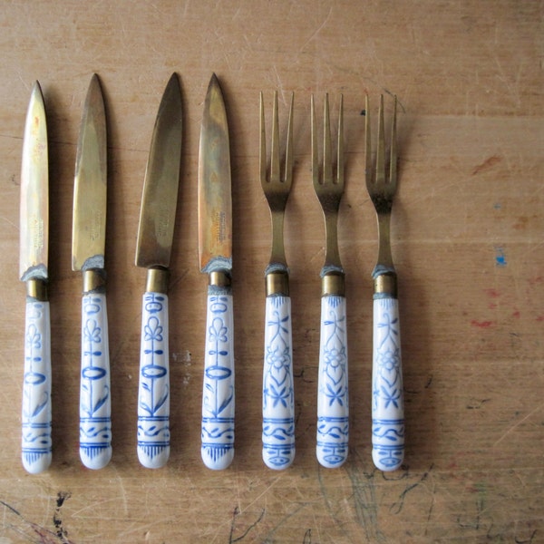 Antique Meissen Porcelain and Brass Flatware, Fruit Knives and Forks, Made in Austria, Blue Onion China, Wedding Gift