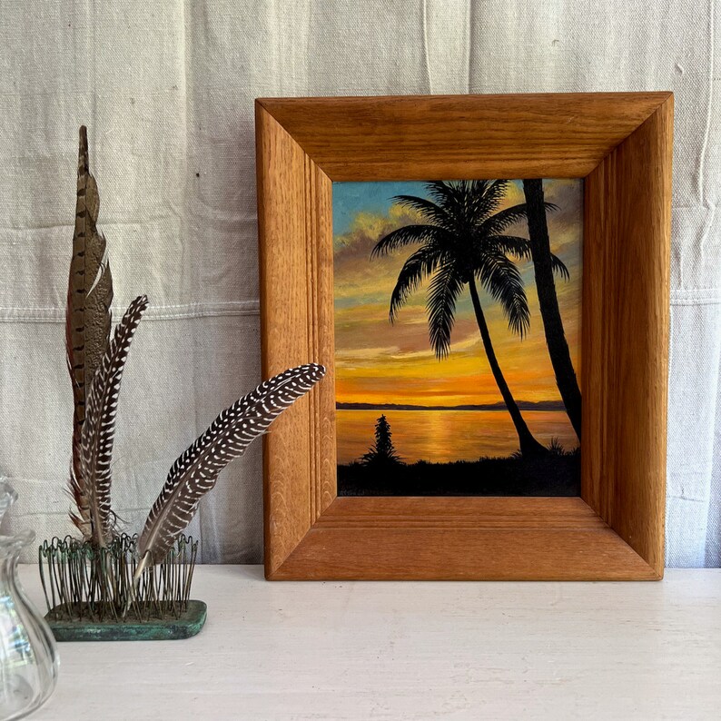 Pair of Vintage Sunset Paintings, Tropical Scene, Lake Scene, Framed Original Art, Colorful Art, Cabin Lodge Decor, Rustic Decor image 2