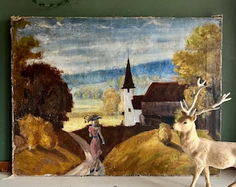 Rustic Old Landscape Painting with Church, Serene Countryside, Eclectic Decor, Original Art, Vintage Oil Painting, European Style Art